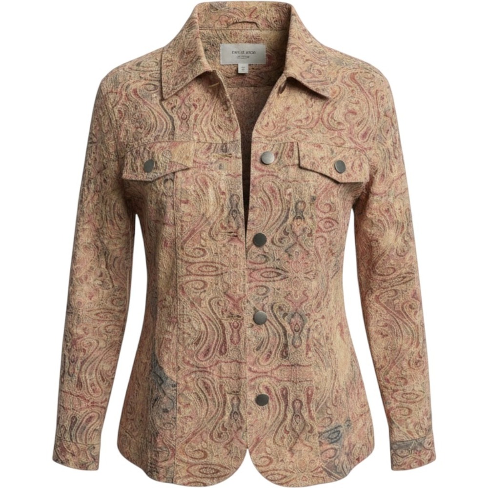 Analogy Paisley Button Front Jacket Blue Beige Print Cotton Blend Womens Large